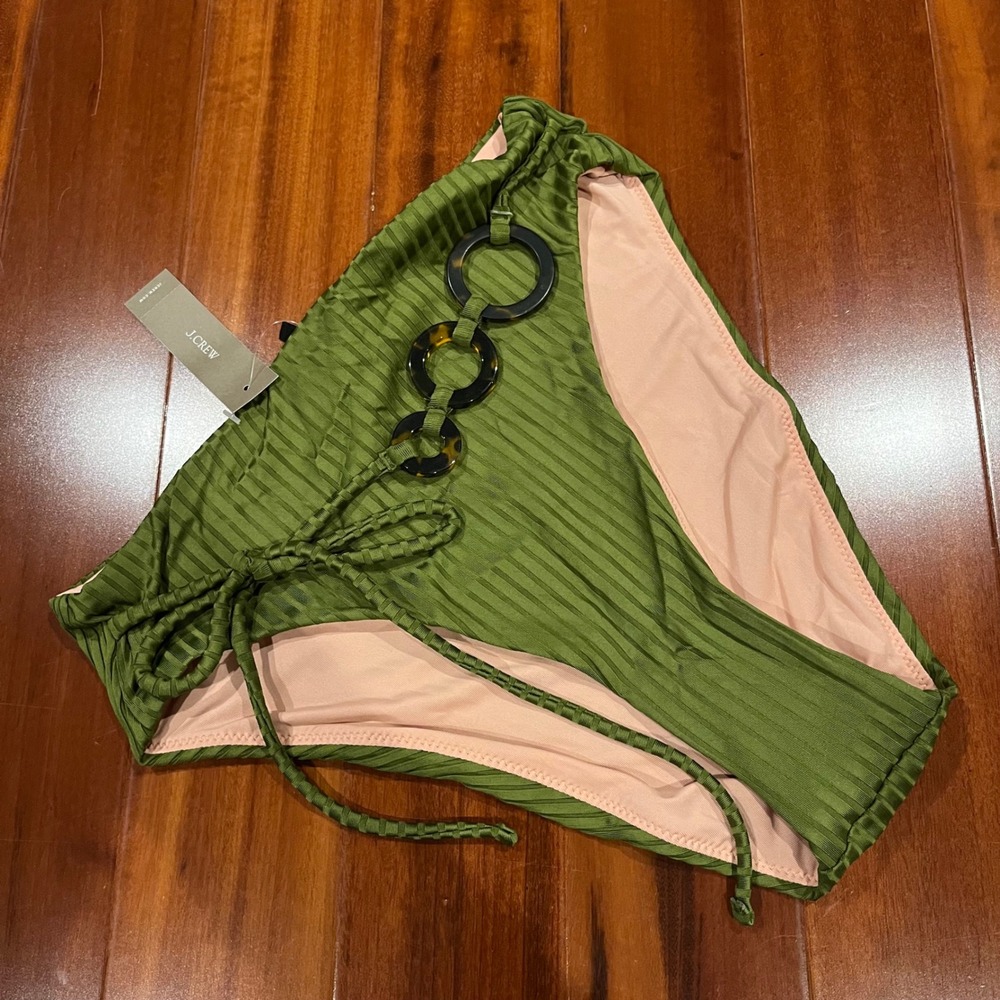 J.Crew Green Bikini Swim Bottom Tortoise Ring High Cut Textured New Size Small